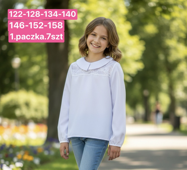 Koszule dziewczęce Roz 122-158, 1 kolor Paczka 7 szt